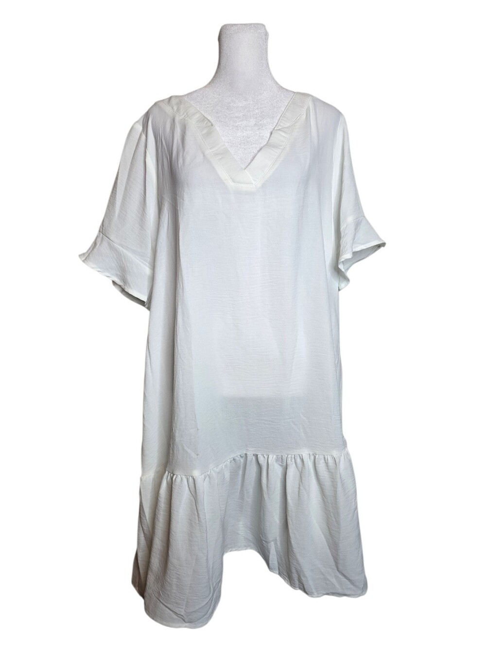 Women's V Neck Ruffled Swim Cover Up Dress XL White